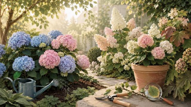 Hortensia bleu en fleurs dans un jardin ombragé