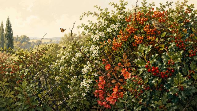 Haie défensive mêlant pyracantha, aubépine et arbustes à baies