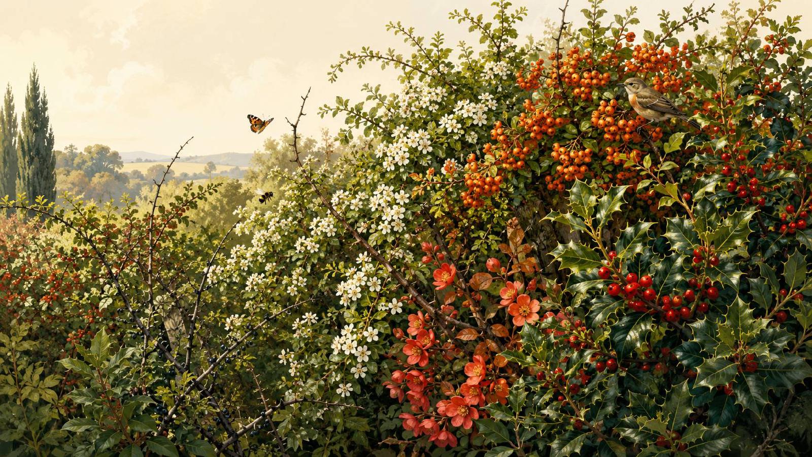 Haie défensive mêlant pyracantha, aubépine et arbustes à baies