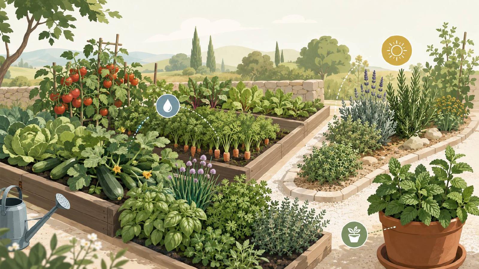 Herbes aromatiques plantées en bordure de planches de légumes au potager