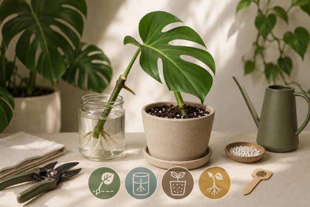 Arrosage d'un monstera en pot avec vérification du substrat