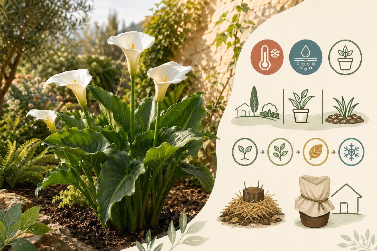 Arum d’Éthiopie blanc en fleur dans un massif extérieur