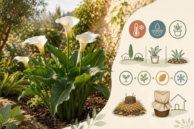 Arum d’Éthiopie blanc en fleur dans un massif extérieur