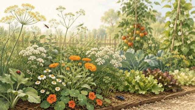 Fleurs utiles et aromatiques en bordure de potager pour accueillir les auxiliaires