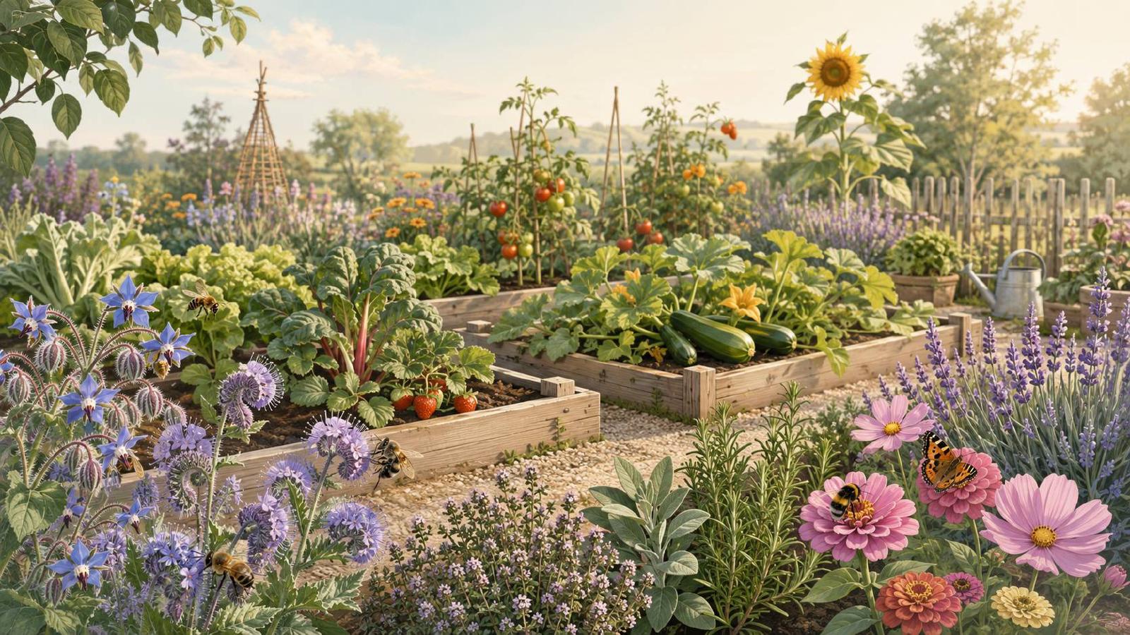 Fleurs et aromatiques en bordure de potager avec abeilles et bourdons