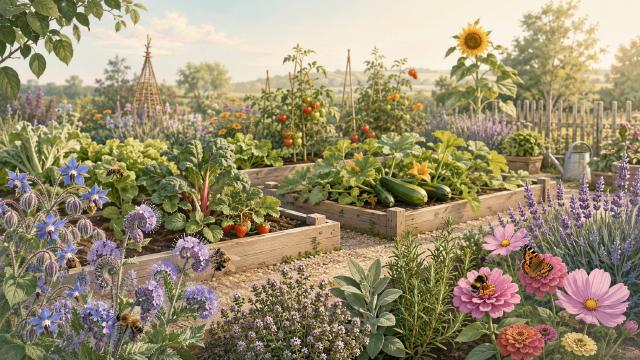 Fleurs et aromatiques en bordure de potager avec abeilles et bourdons