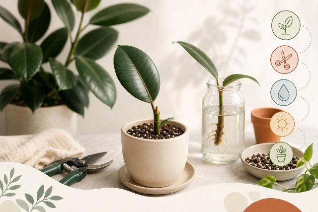 Bouture de ficus elastica préparée dans un petit pot drainant