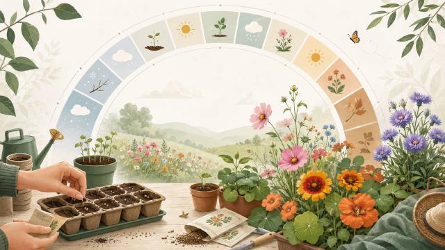 Semis de fleurs en godets et sachets de graines classes par mois