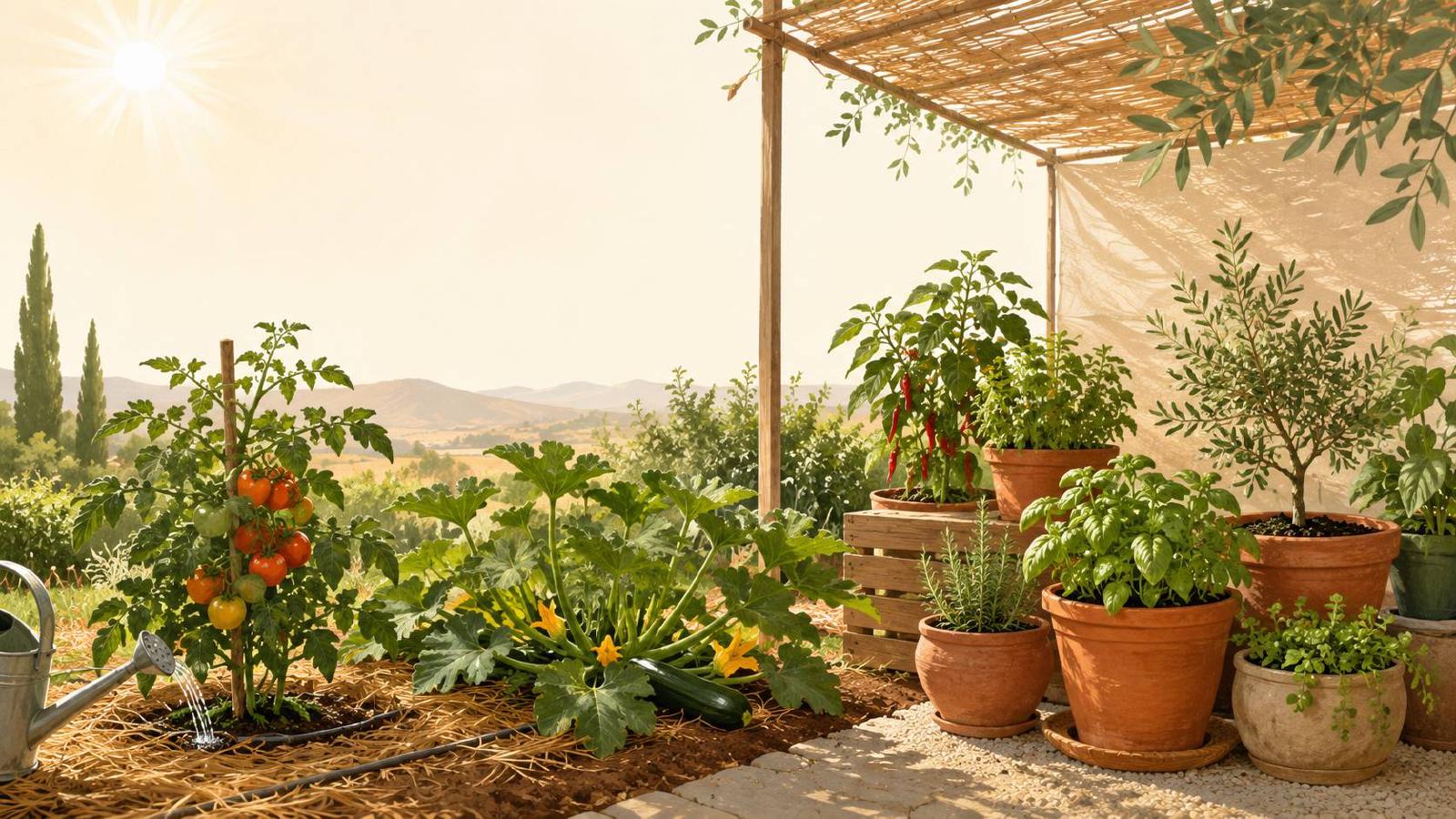 Arrosage au pied de plantes du jardin pendant une forte chaleur