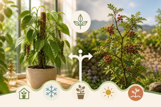 Comparatif entre poivrier tropical en pot et poivre du Sichuan au jardin