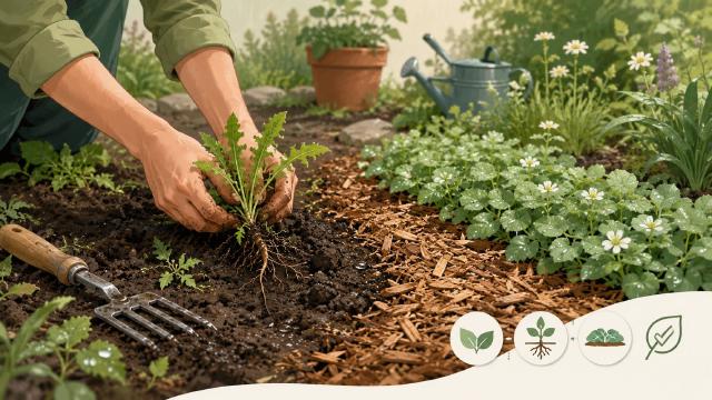 Mains de jardinier retirant des mauvaises herbes dans un massif