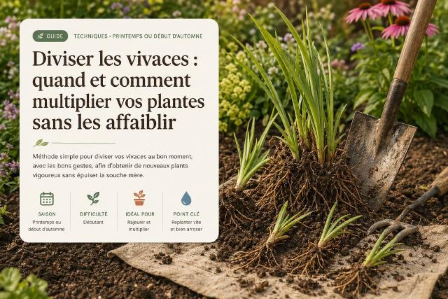 Division d'une touffe de vivaces au jardin avec une bêche