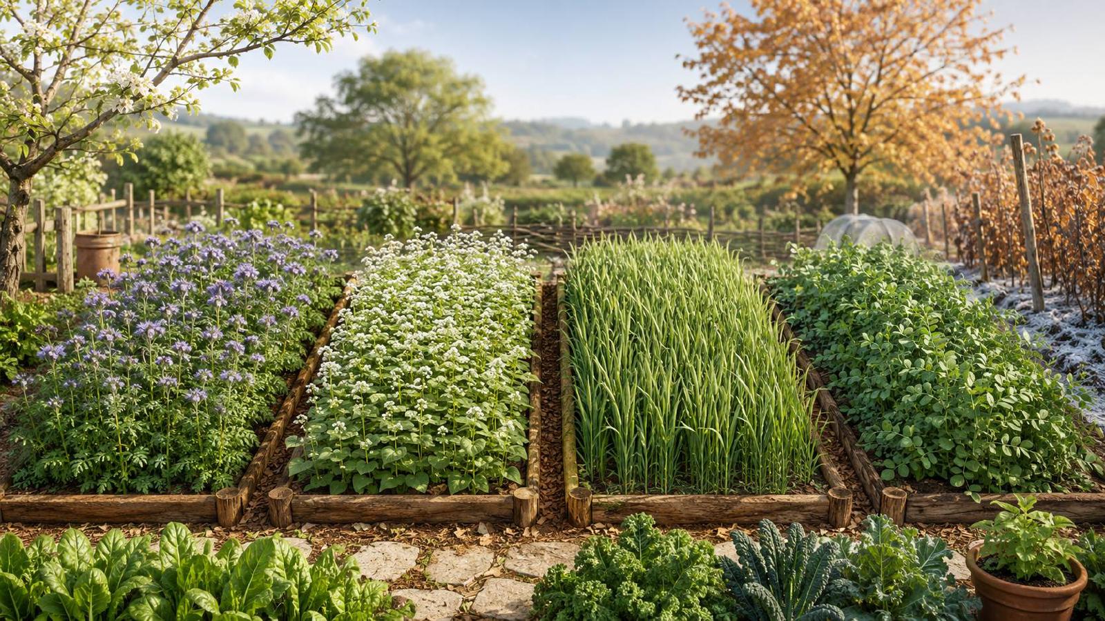 Planches de potager couvertes par des engrais verts à différents stades