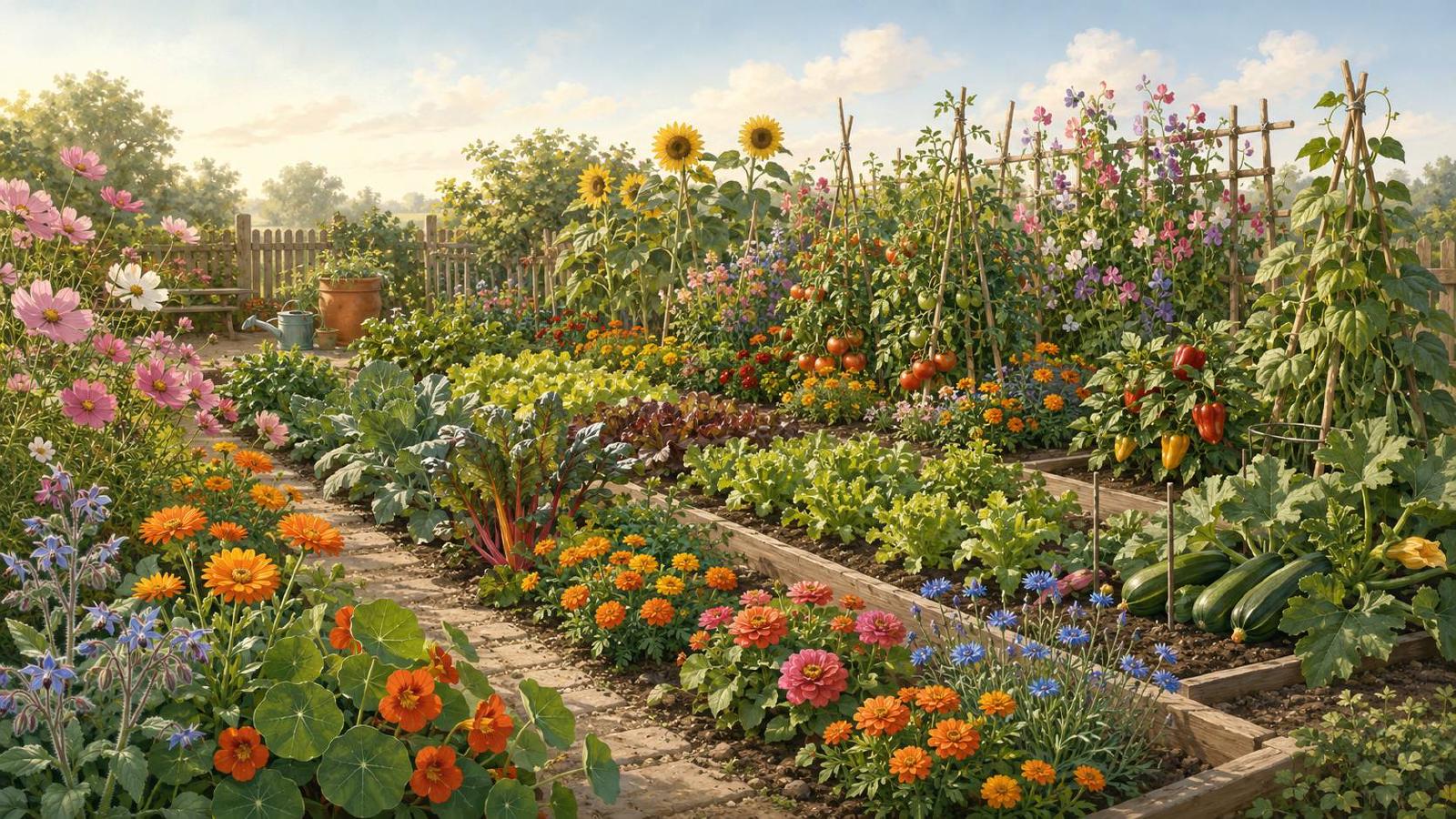 Fleurs annuelles semées en bordure de planches de légumes au potager