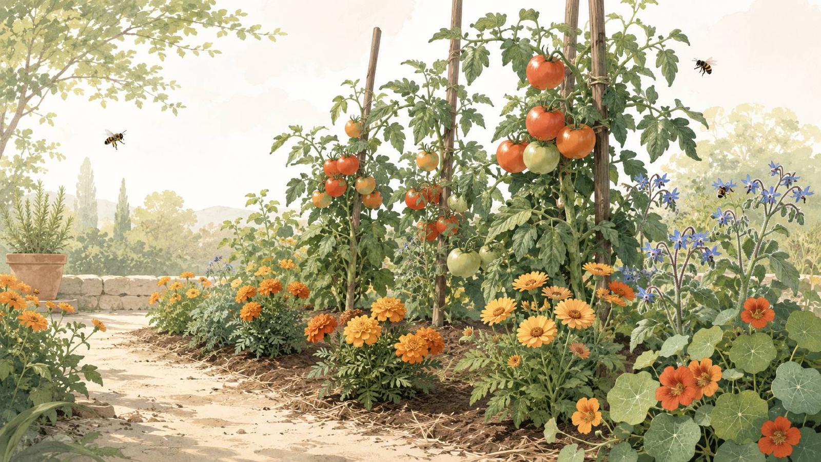Œillets d'Inde, soucis et bourrache plantés autour de pieds de tomates au potager