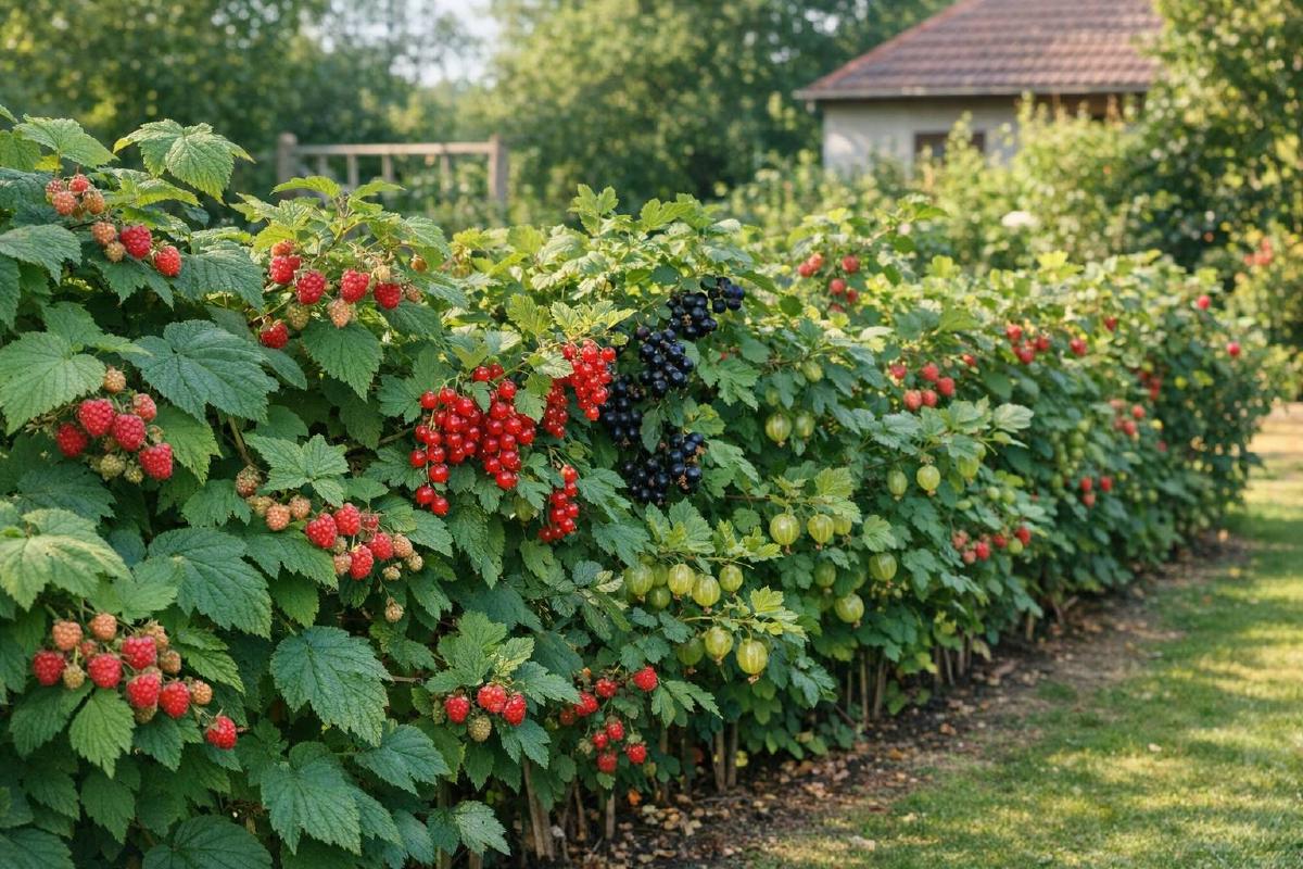 Haie fruitière avec arbustes à baies dans un jardin