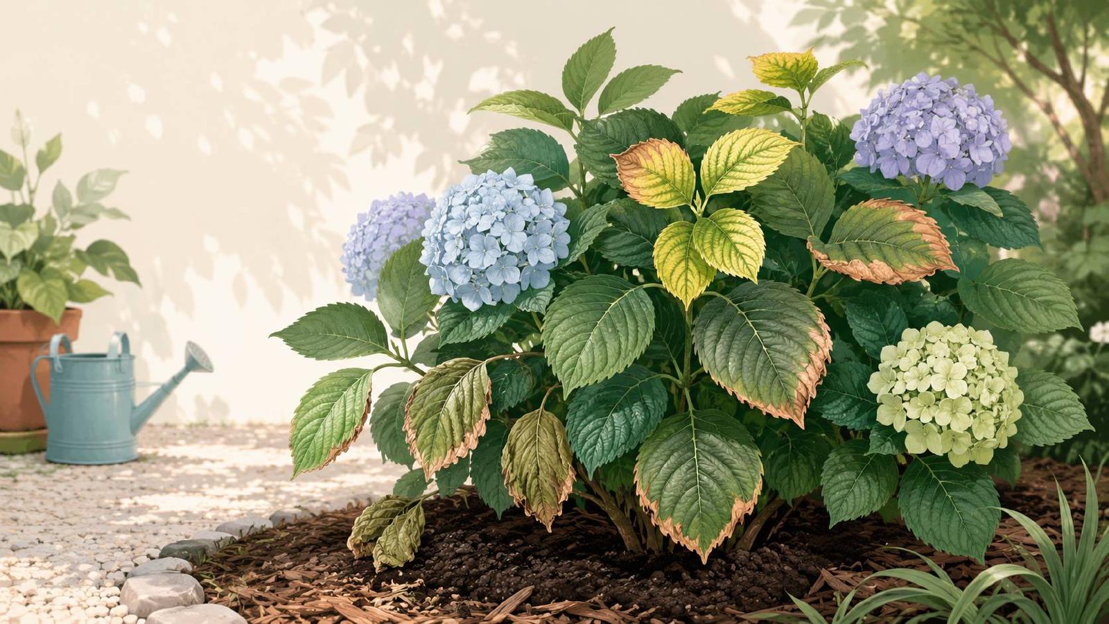 Hortensia aux feuilles jaunies et brunies dans un massif ombragé