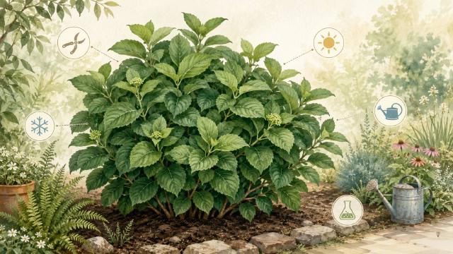 Hortensia au feuillage vigoureux sans fleurs dans un massif