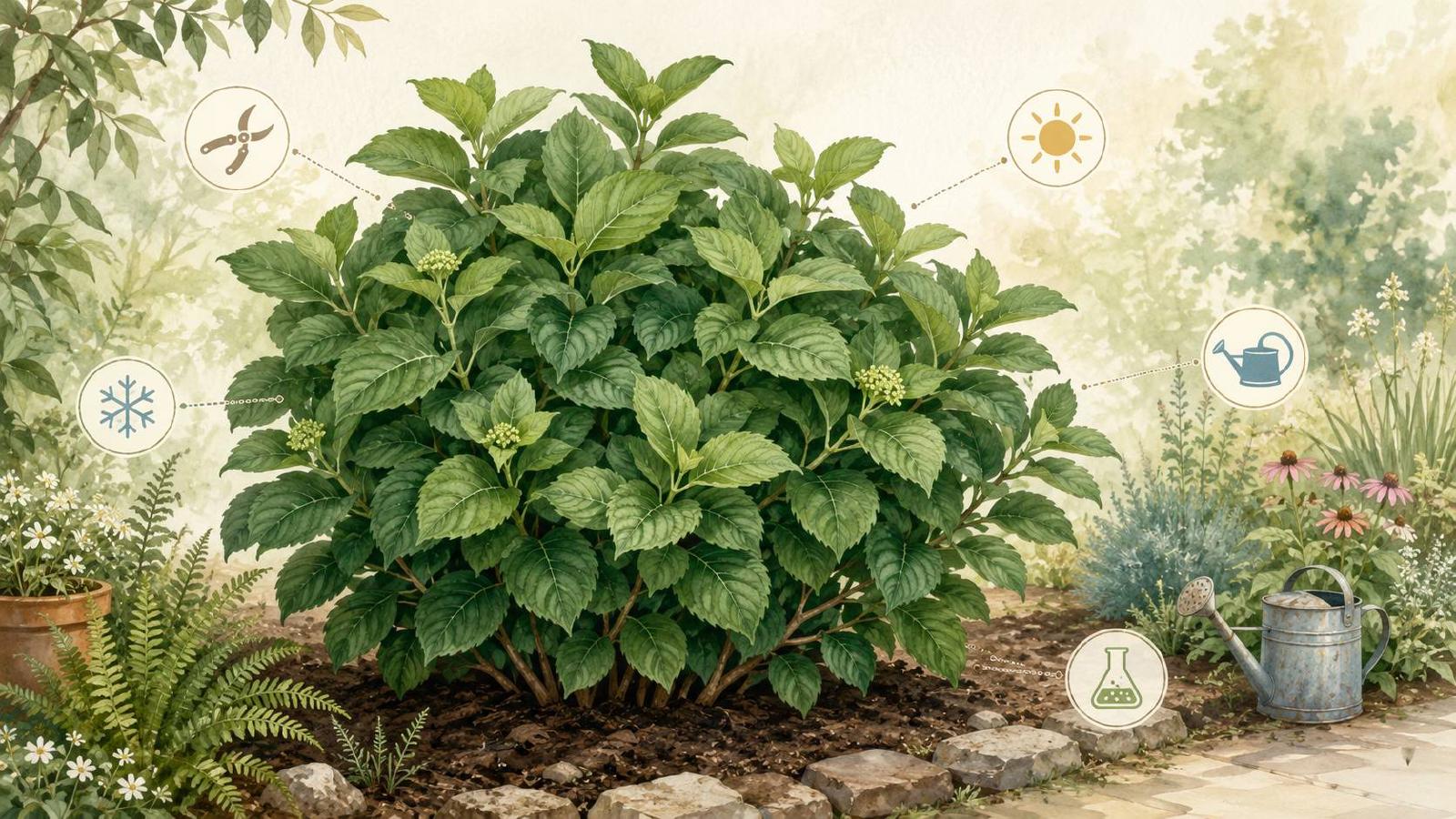 Hortensia au feuillage vigoureux sans fleurs dans un massif