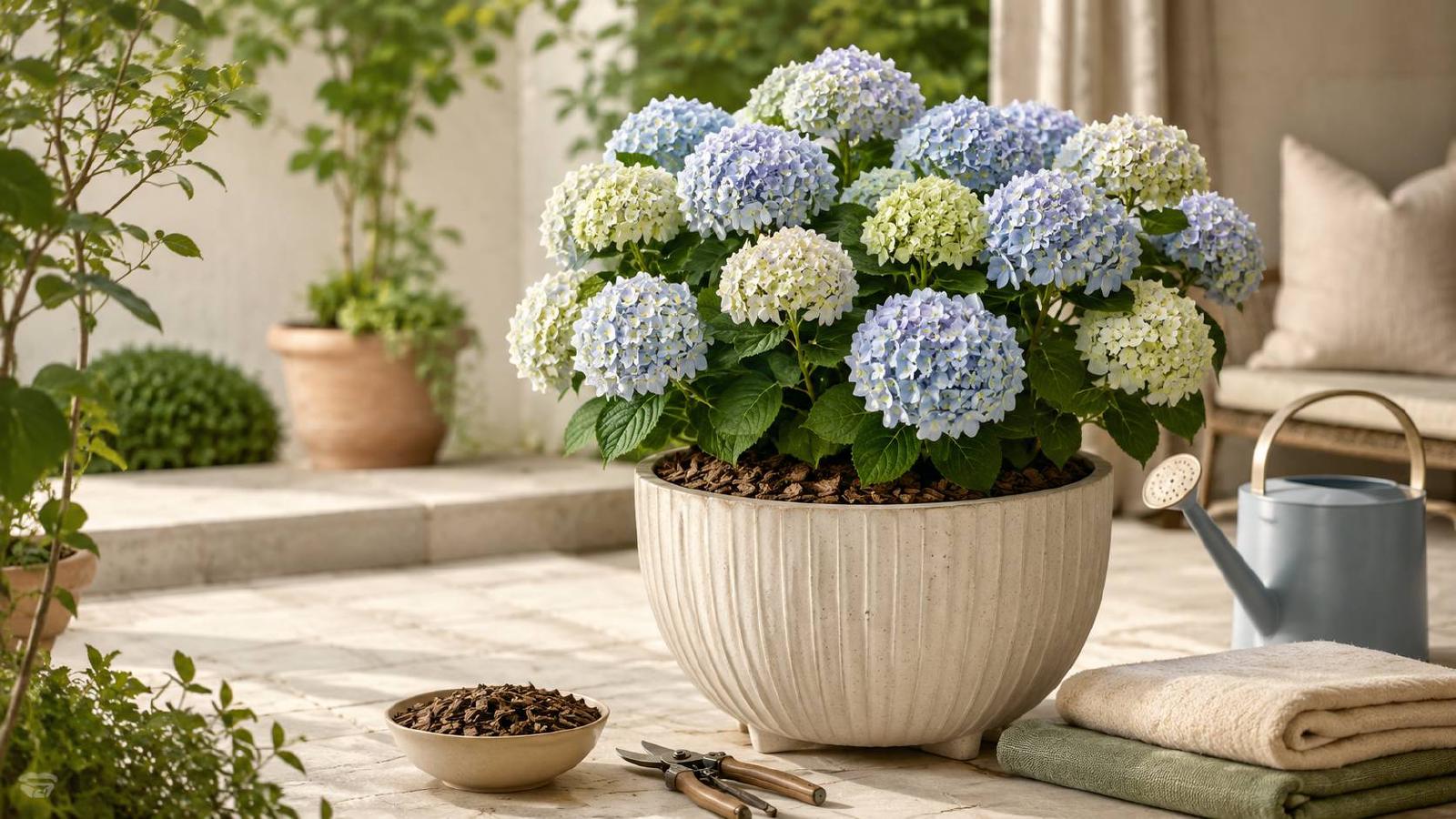 Hortensia en pot fleuri sur une terrasse ombragée