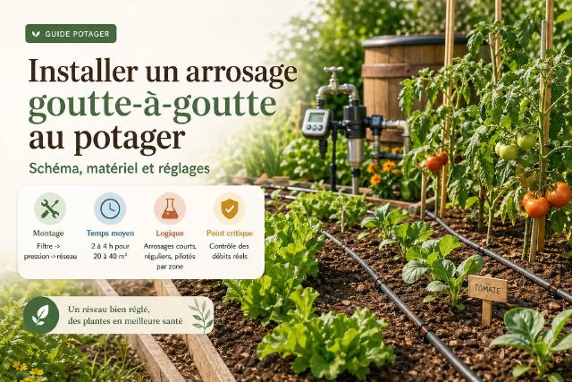 Lignes de goutte-à-goutte installées entre des rangs de légumes au potager