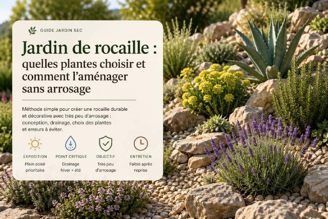 Rocaille ensoleillée avec lavandes, thym et pierres naturelles