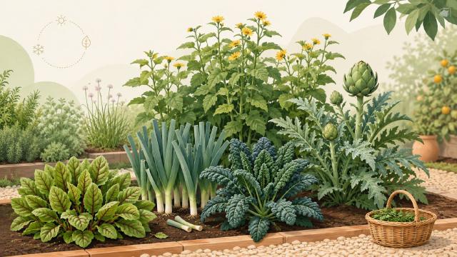 Potager en planches avec légumes vivaces récoltés au fil des saisons