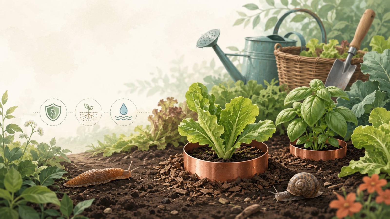 Escargot dans un potager humide près de jeunes plants