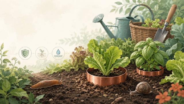 Escargot dans un potager humide près de jeunes plants