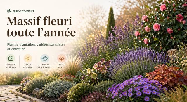 Massif de jardin fleuri en plusieurs strates avec floraisons de saisons