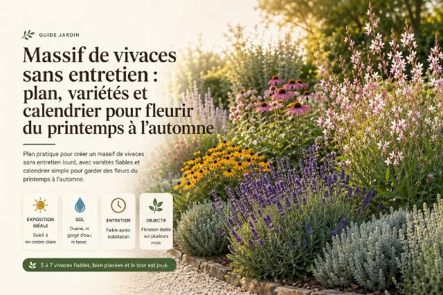 Massif de vivaces ensoleillé mêlant lavande, gaura et rudbeckia