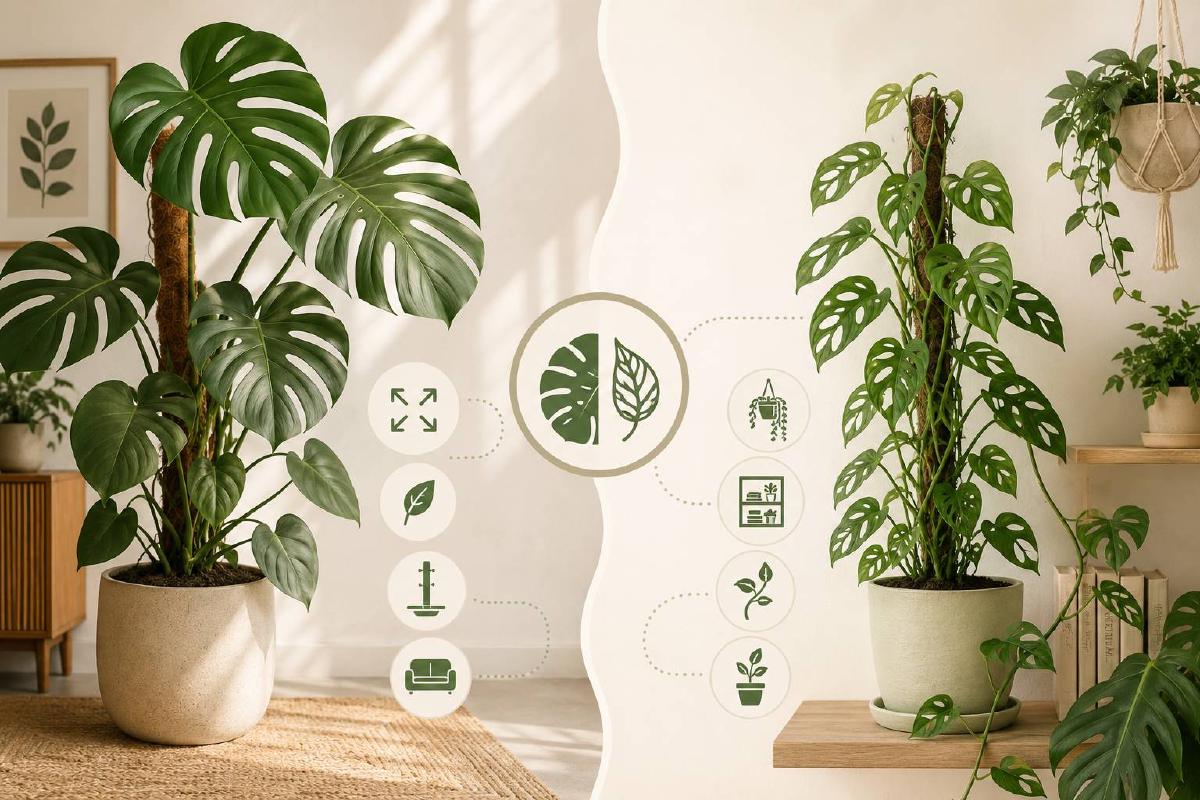 Comparaison entre un Monstera deliciosa grand format et un Monstera adansonii plus compact