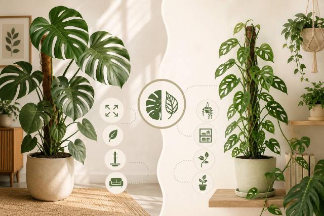 Comparaison entre un Monstera deliciosa grand format et un Monstera adansonii plus compact