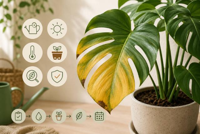 Feuille de monstera jaunissante observée en intérieur