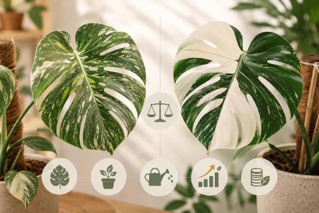 Comparaison de feuilles de Monstera Thai Constellation et Monstera albo en intérieur