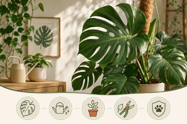 Grandes feuilles de monstera en intérieur lumineux