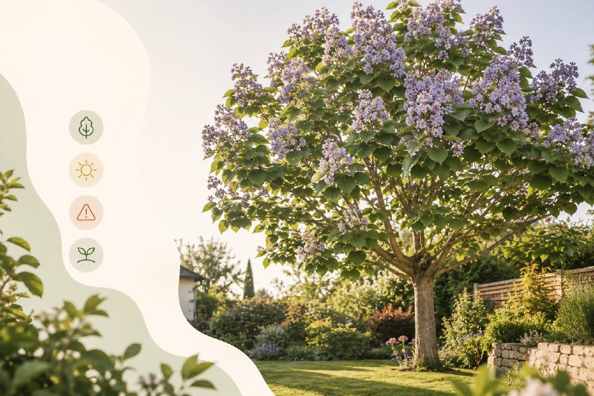 Grand paulownia envisagé comme arbre d'ombrage dans un jardin