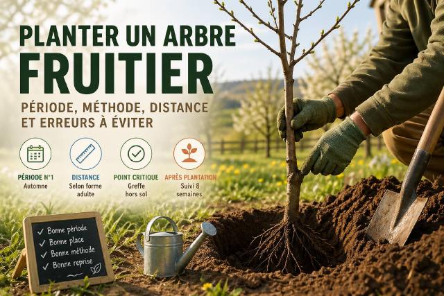 Plantation d'un jeune arbre fruitier dans un jardin