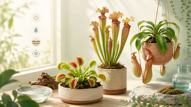 Dionée, sarracénie et nepenthes cultivés en pots près d'une fenêtre