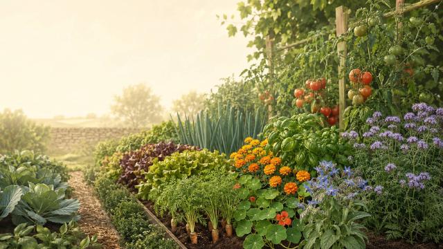 Fleurs et aromatiques compagnes autour de légumes au potager