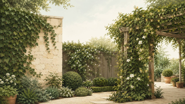 Mur et pergola couverts de plantes grimpantes au feuillage persistant