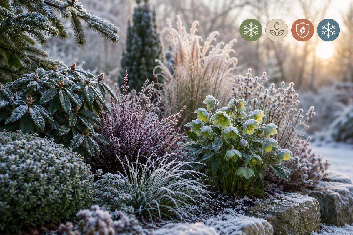 Massif de plantes rustiques couvertes de givre en hiver