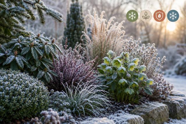 Massif de plantes rustiques couvertes de givre en hiver