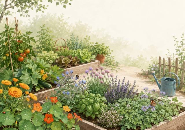 Fleurs, aromatiques et engrais verts autour de planches de potager