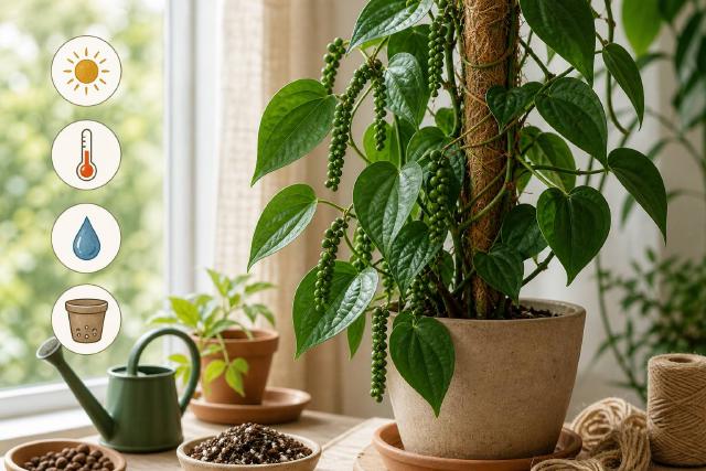 Grappes de poivre vert sur un poivrier cultivé en pot