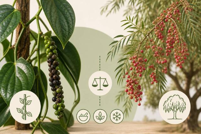 Comparaison visuelle entre grappes de vrai poivre et baies roses de faux poivrier
