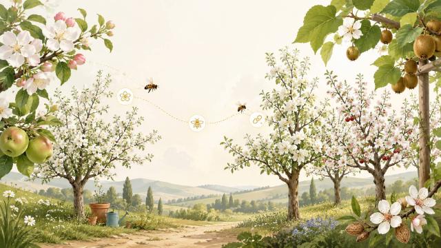 Abeille en train de polliniser des fleurs d'arbres fruitiers