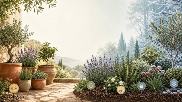 Grandes plantes en pot et massifs plantés en pleine terre dans un jardin