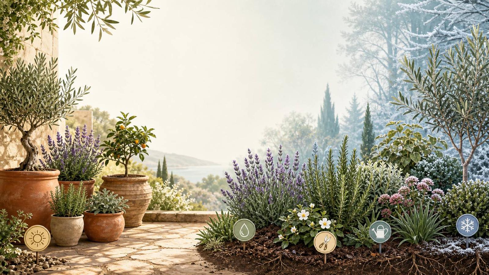 Grandes plantes en pot et massifs plantés en pleine terre dans un jardin