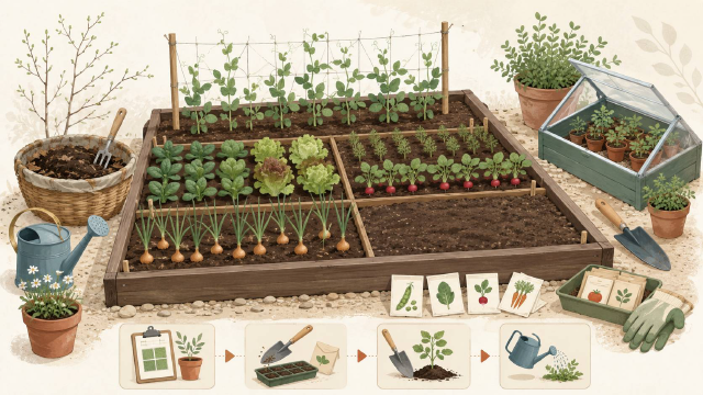 Premier potager de mars avec rangs de jeunes légumes et sachets de graines
